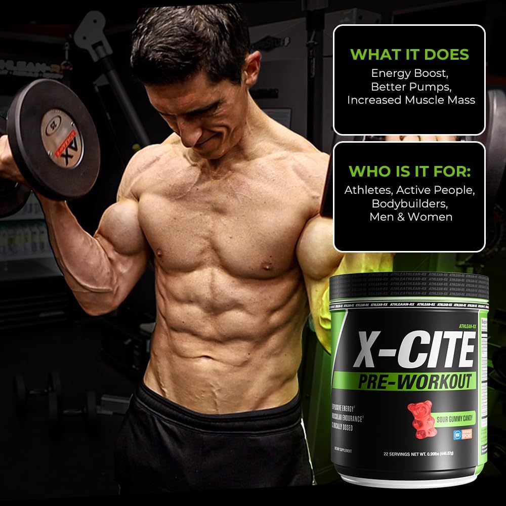 X-CITE Pre-Workout by ATHLEAN-X - Enhanced Formula with Beta-Alanine, Creatine & Caffeine for Ultimate Energy, Endurance, Focus & Muscle Pump, NSF Certified for Sports (22 Servings, Sour Gummy Bear)