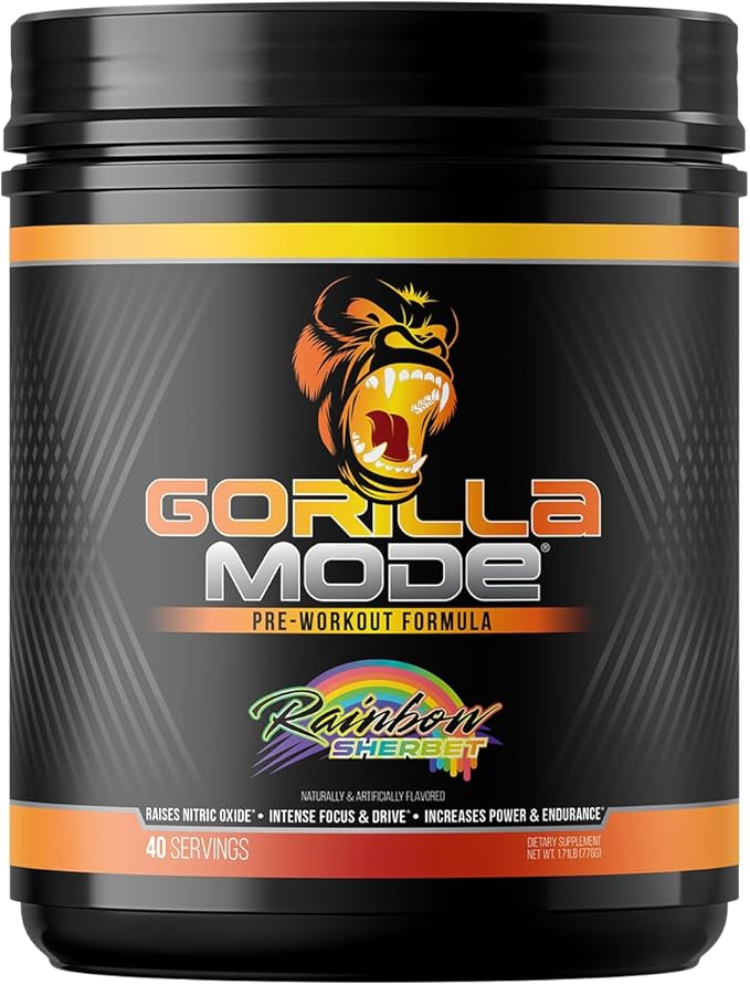 Gorilla Mode Pre Workout - Massive Pumps Laser Focus Energy Power - L-Citrulline, Creatine, L-Tyrosine, Betaine, Hydroprime, Alpha-GPC, 400mg Caffeine, Huperzine A - 776g (Rainbow Sherbet)