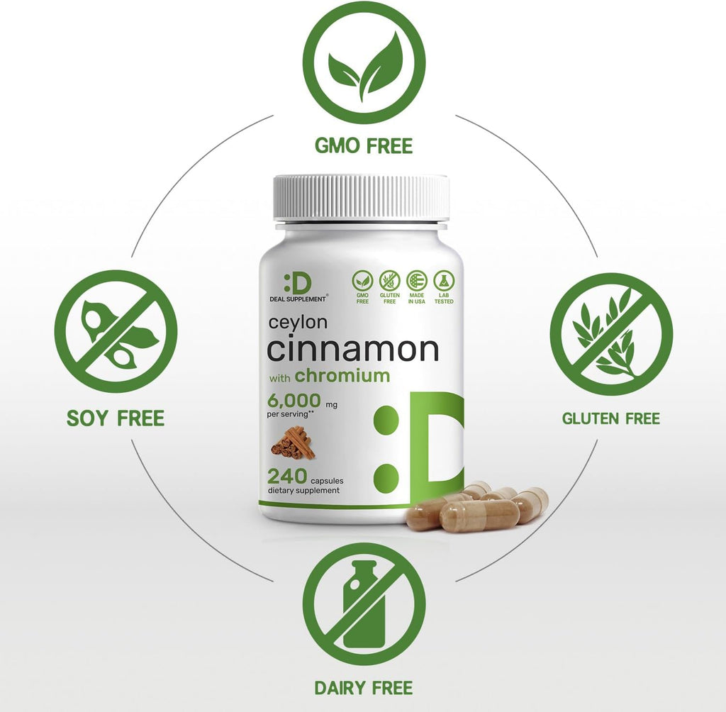 Ceylon Cinnamon 6,000mg with Chromium 1,000mcg Per Serving, 240 Capsules –Active Inner Bark Extract – True Sri Lanka Source – Natural Cinnamon Supplements– Non-GMO