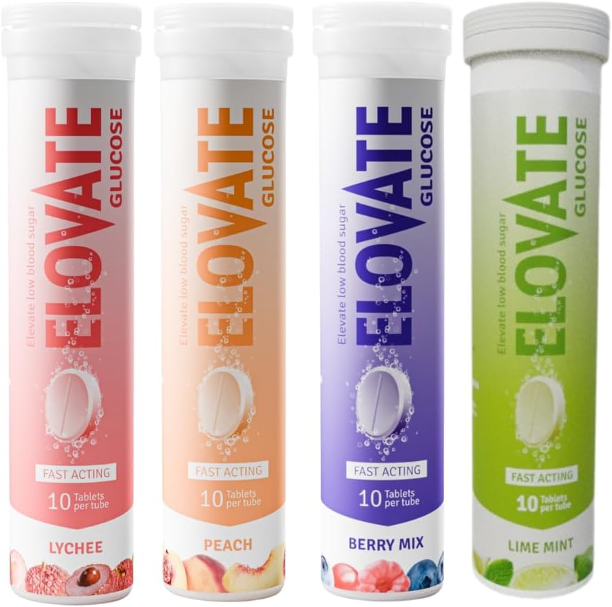 Effervescent Glucose Tablets - Fast Acting Hydration for Sports, Travel, & More - 10 Tablets Per Tube (Pack of 4, Flavors Berry Mix, Lime Mint, Lychee, Peach) (4, Multi Flavor)