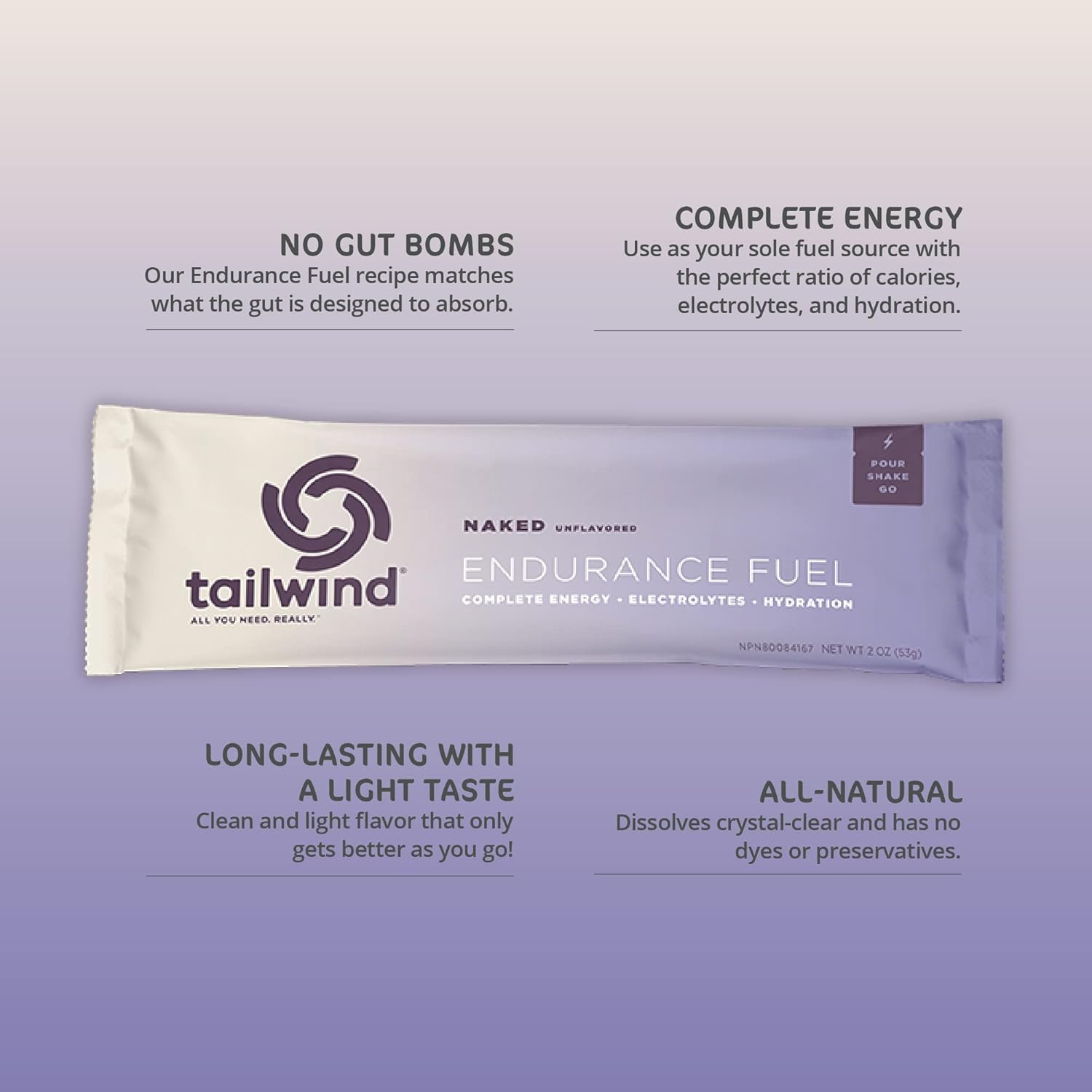 Tailwind Nutrition Endurance Fuel, Sports Drink Powder Single Serving with Electrolytes, Non-GMO, Free of Soy, Dairy, and Gluten, Vegan-Friendly, Naked Unflavored, Pack of 12