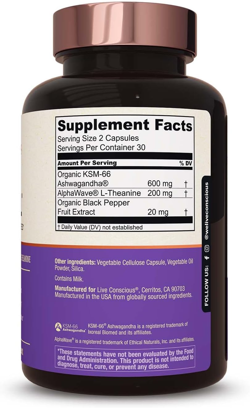 Live Conscious KSM-66 Ashwagandha Supplement w/L Theanine & AlphaWave - ZenWell Everyday Stress Relief, Cognitive, Brain Health - Ashwagandha for Men & Women - 60 Capsules (2-Pack)