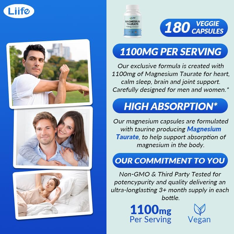 LIIFE Magnesium Taurate 1100mg -180 Vegetarian Capsules-200MG Elemental Magnesium Per Serving - Heart Health and Relaxation Support