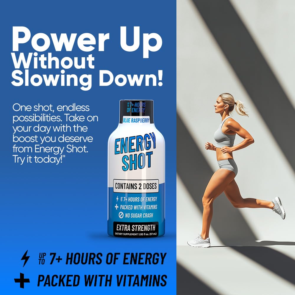 Blue Raspberry Extra Strength Energy Shot 12 pk – 260mg Natural Caffeine B12 B6 – Energy & Focus Support – 2 Servings Sugar Free Zero Calorie Green Tea B-Vitamins Electrolytes Vegan – 1.93 fl oz