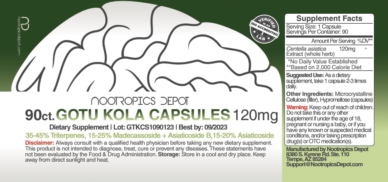 Nootropics Depot Gotu Kola Extract Capsules | 120mg | 90 Count | Acid Resistant | Centella asiatica | 35-45% Triterpenes | Supports Healthy Stress Levels | Promotes Memory Enhancement