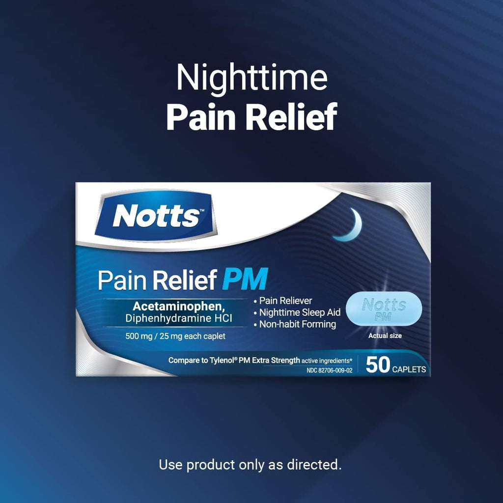 PM Extra Strength Pain Relief & Sleep Aid, 500mg Acetaminophen & 25mg Diphenhydramine HCl, 50 Caplets for Nighttime Aches, Headaches & Body Pain, Non-Habit Forming