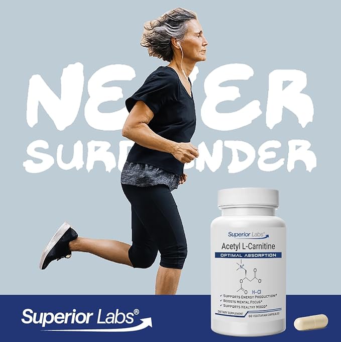 Superior Labs Acetyl L-Carnitine 500 mg, High Potency ALCAR, Pure Non-GMO, Zero Synthetic Additives, Maximum Absorption, Energy & Fat Metabolism, Brain, Nerve & Cellular Detox Support, (60 Veg Caps)