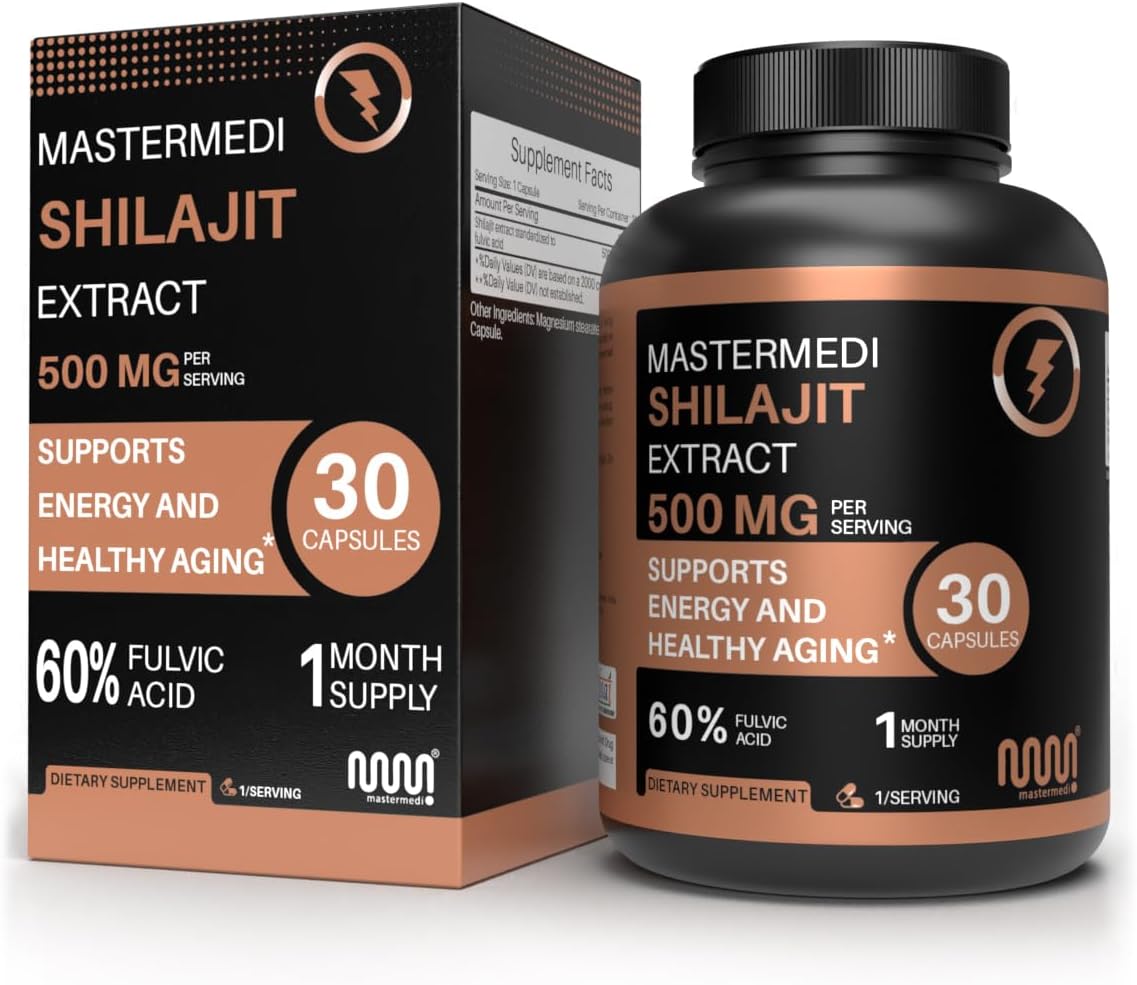 MasterMedi Shilajit 500mg – Pure Himalayan Extract Standardized to Fulvic Acid – Energy, Stamina & Vitality Support – 30 Vegan Capsules – Non-GMO, Gluten-Free, No Fillers, Made in India