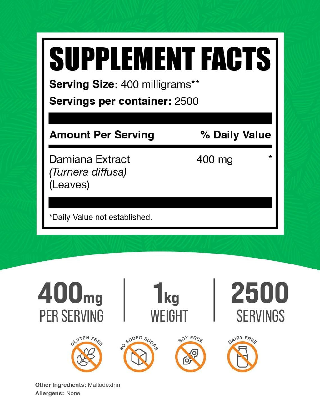 BulkSupplements.com Damiana Extract Powder - Damiana Supplement, Herbal Supplement - Vegan & Gluten Free, 400mg per Serving, 1kg (2.2 lbs) (Pack of 1)