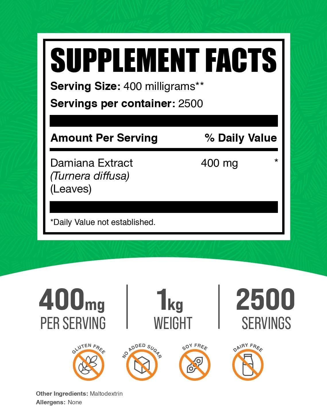 BulkSupplements.com Damiana Extract Powder - Damiana Supplement, Herbal Supplement - Vegan & Gluten Free, 400mg per Serving, 1kg (2.2 lbs) (Pack of 1)