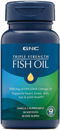 GNC Triple Strength Fish Oil Omega 3 Supplement, 1000mg EPA and DHA, Supports Heart, Brain, Skin, Eye and Joint Health, 30 Softgels