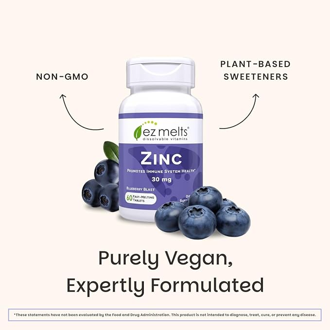 EZ Melts Zinc - Supplement for Immune, Digestive & Skin Health Support - Non-GMO, Vegan & Gluten-Free - Blueberry Blast - 120 Dissolvable Tablets (120 Servings)