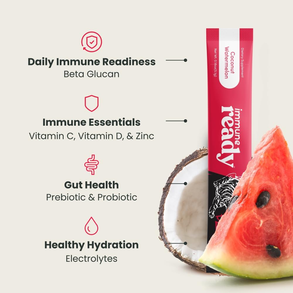Immune Ready™ Electrolytes Powder Packets – Vitamin C Immune Support Drink Mix with Zinc, D3 & Beta Glucan – Low Sugar Hydration, Delicious Coconut Watermelon Flavor