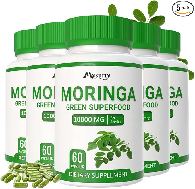 Moringa Capsules | Moringa Powder Organic | Moringa Supplement | 10000MG Moringa Leaf Extract, Complete Green Superfood, Skin & Health, Immune System-60 Count (Pack-5)