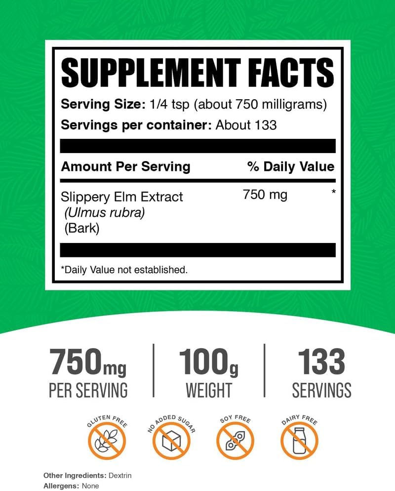BulkSupplements.com Slippery Elm Bark Extract Powder - Slippery Elm Powder, Sourced from Ulmus Rubra Bark - Gluten Free, 750mg per Serving, 100g (3.5 oz) (Pack of 1)