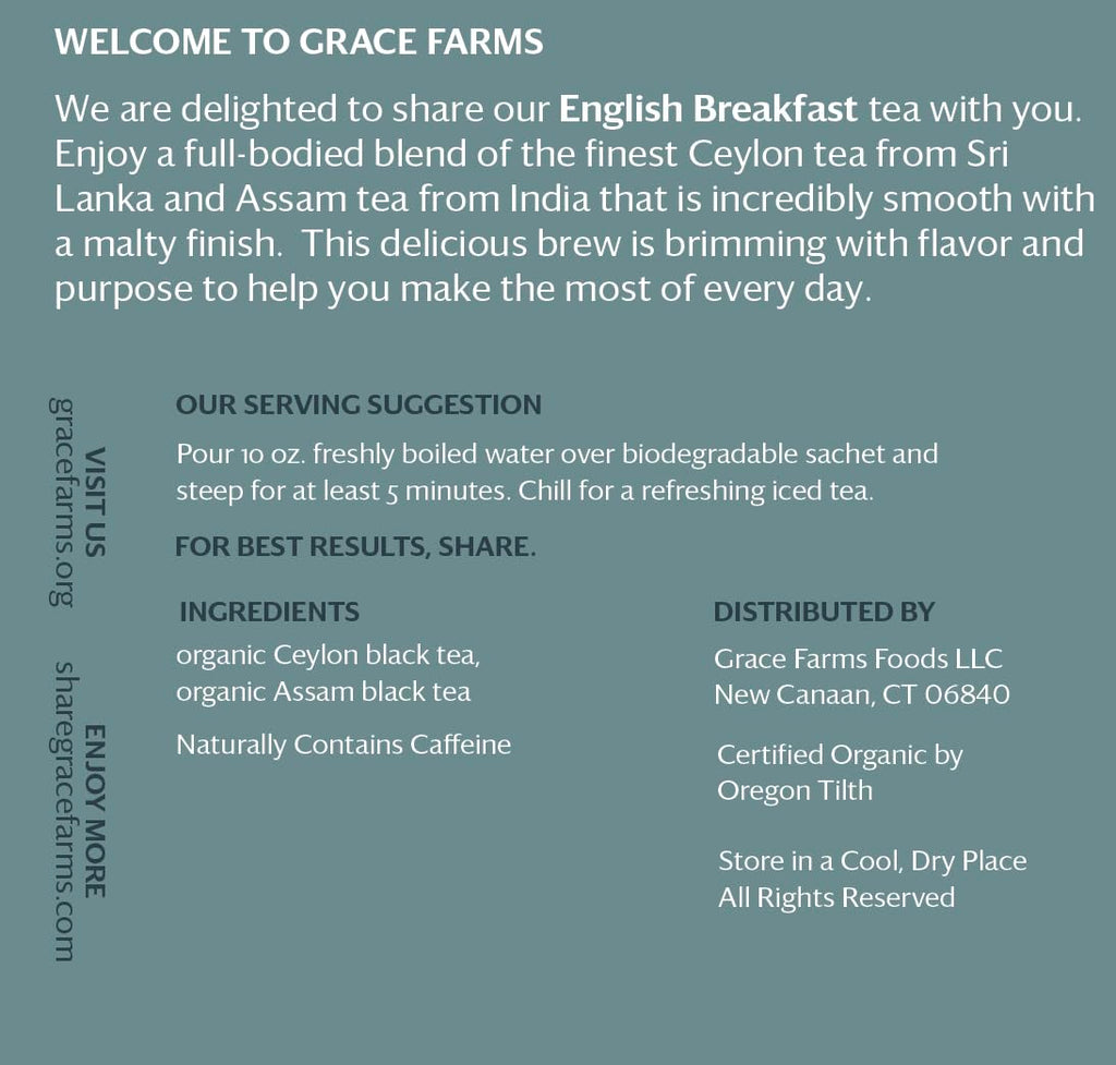 Grace Farms Organic English Breakfast Black Tea, 16 Pyramid Sachets | Fairtrade & Kosher |Gives Back 100% of Profits