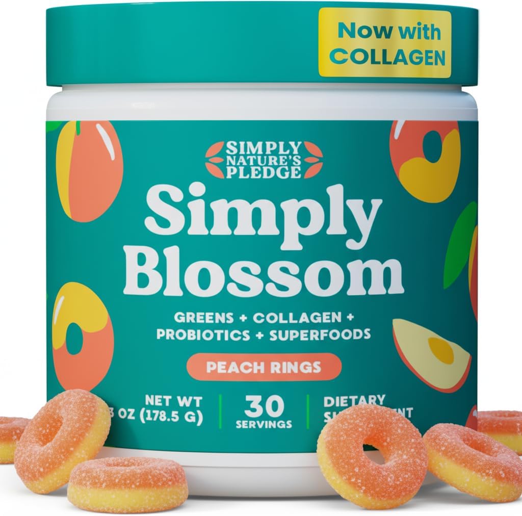 Simply Blossom Nutrition Daily Greens & Superfood Powder + Collagen + Probiotics for Women's Digestive Health & Bloating Relief. Help Your Health Bloom - 30 Day Supply - Peach Rings