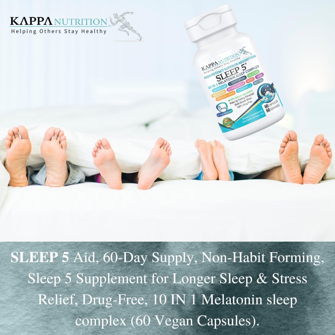 KAPPA NUTRITION Sleep 5, Sleep Aid, 5mg of Melatonin, 60-Day Supply, Non-Habit Forming Vegan Capsules Natural Ingredients for Easier Bedtime, Herbal Supplement, Valerian Root, Chamomile Non-GMO