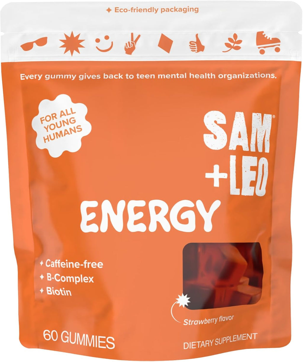 SAM+LEO Energy Gummies – Caffeine-Free B-Complex with Biotin – Daily Vegan Energy Support for Kids, Teens & Young Adults – Strawberry Flavor, 60 Gummies