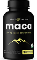 NutraChamps USDA Organic Maca Root Capsules for Women & Men, 2100mg, 180 Capsules, Black, Red & Yellow Peruvian Gelatinized, Highest Potency Maca Root Powder Supplement
