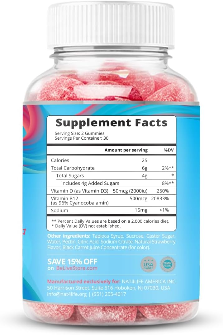 BeLive Vitamin D3 Gummies with B12 Vitamins - 60 Ct I Immune Support Gummies with Vegan Vitamin B12 & D3, Provides Enhanced Bone & Muscle Strength, Hearth Health and Energy - Strawberry Flavor