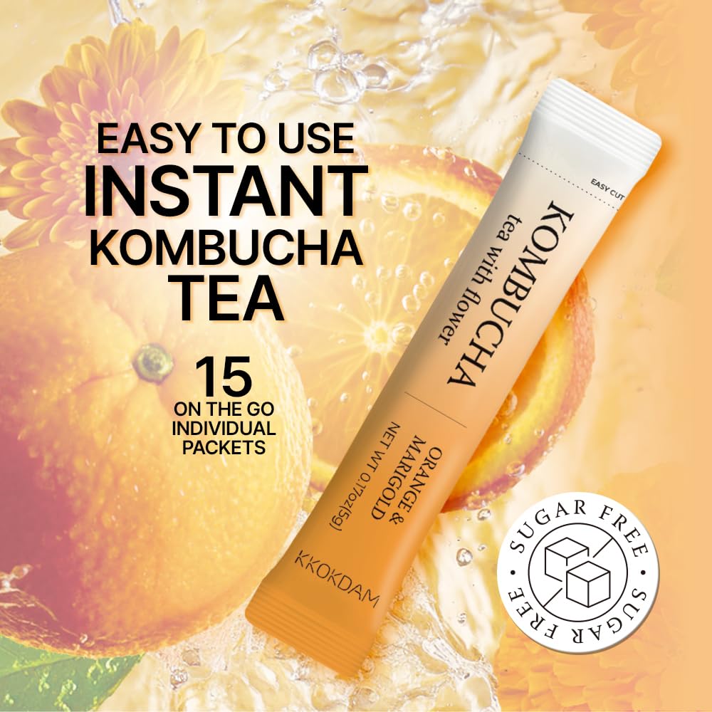 KKOKDAM Kombucha Tea - Orange & Marigold Korean Tea - Kombucha Drinks Probiotic Support, Low Calorie, Sugar Free Kombucha - 15 Packs