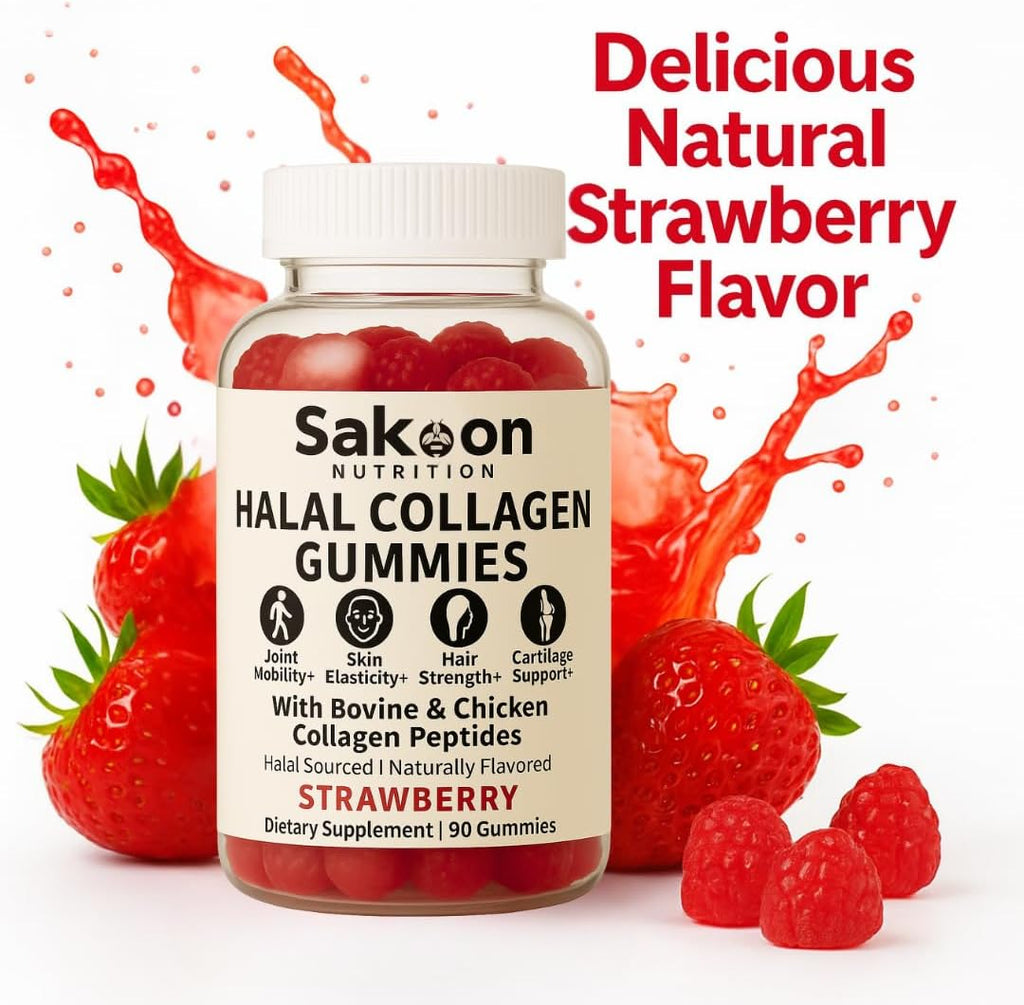 Sakoon nutrition Collagen Gummies – Type I, II & III Collagen Peptides from | 90 Strawberry-Flavored Gummies | Supports Hair, Skin, Joints & Nails | Made in USA | Halal Certified Sourcing