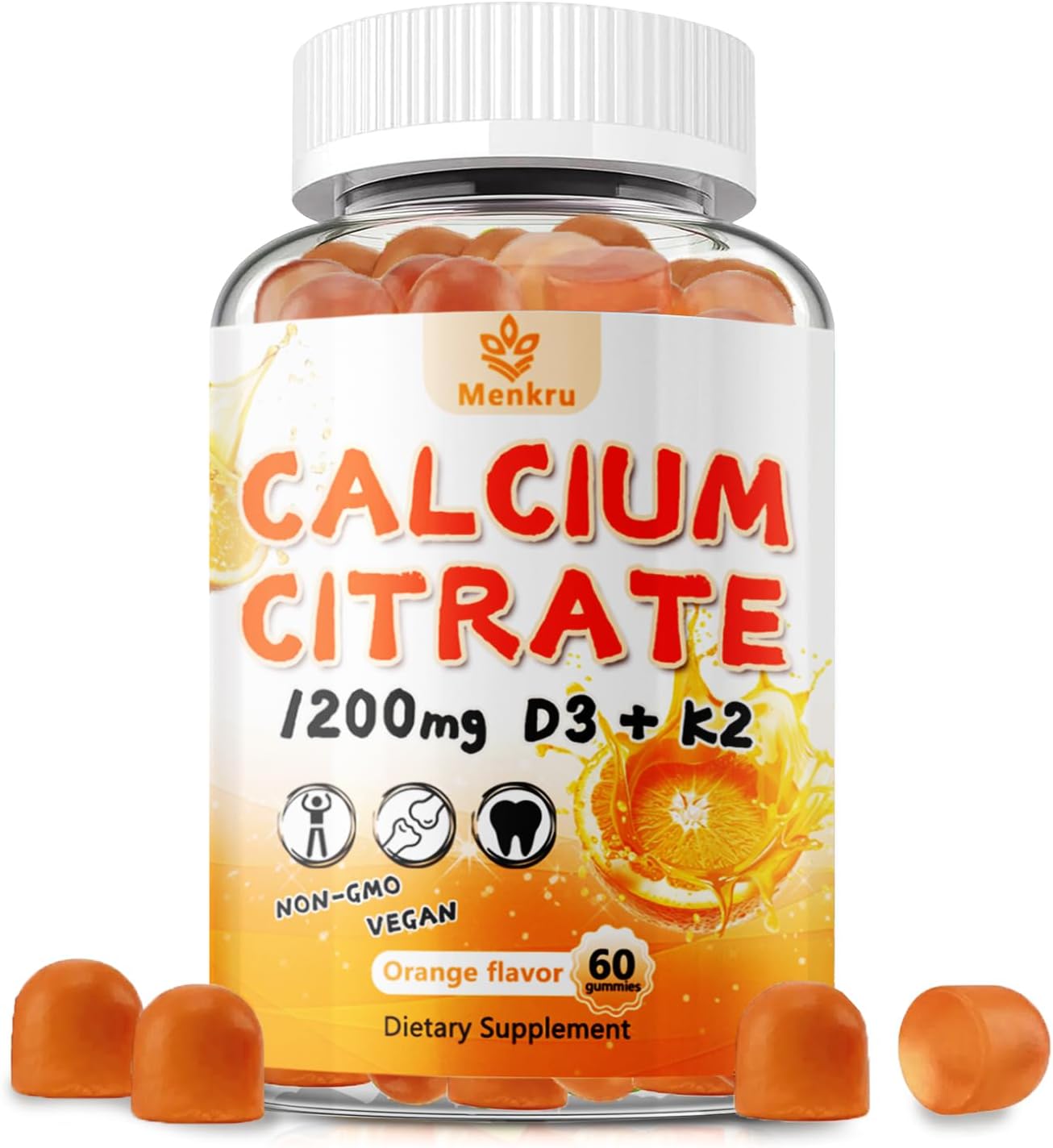 Calcium Citrate Gummies,Calcium 1200 mg with Vitamin D3 and K2 for Women & Men.Supports Bone Muscle & Teeth - Natural Orange Flavor,120 Gummies- 60 Day Vegan Supply