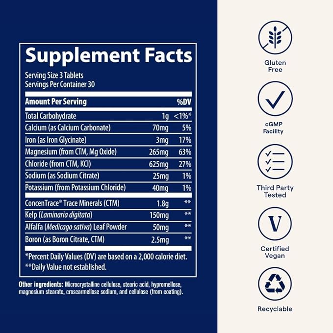 Trace Minerals ConcenTrace Trace Minerals Tablets - Daily Supplement for Overall Wellness - Natural Energy, Bone Strength, Healthy Connective Tissue & Immune System Support - 90 Count (30 Servings)