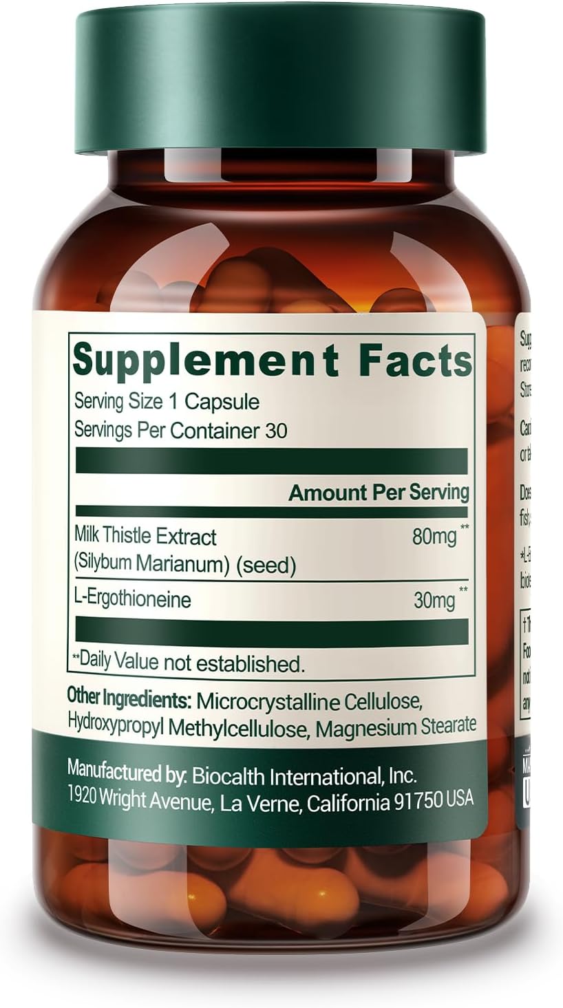 Milk Thistle + L-Ergothioneine Supplement – Advanced Cellular and Liver Health Support – 30mg High-Purity Ergothioneine – Vegan, Non-GMO, 30 Count