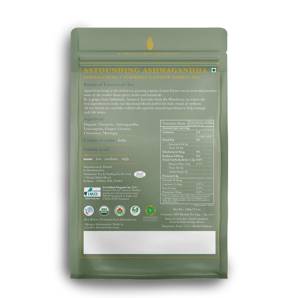 Luxmi Estates Astounding Ashwagandha Tea, 50 Tea Bags, with Ashwagandha, Turmeric, Ginger, Lemongrass & More, for Stress Relief, Calming, and Relaxing