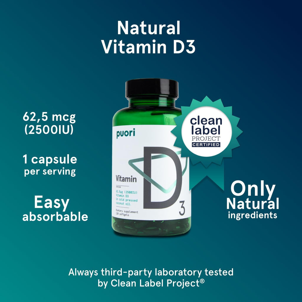 Puori Vitamin D3 with Virgin Coconut Oil - 240 x 2500 IU - for Muscle Function, Bone Health, Immune Support and Calcium Uptake- Non-GMO and Gluten Free - For Adults