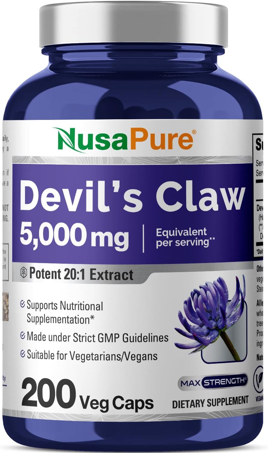 NusaPure Devil's Claw 20:1 Extract, 250 mg Equivalent to 5000mg, 200 Veggie Capsules, Concentrated Root Extract, Devils Claw Herbal Supplement, Non-GMO, Vegan Supplement