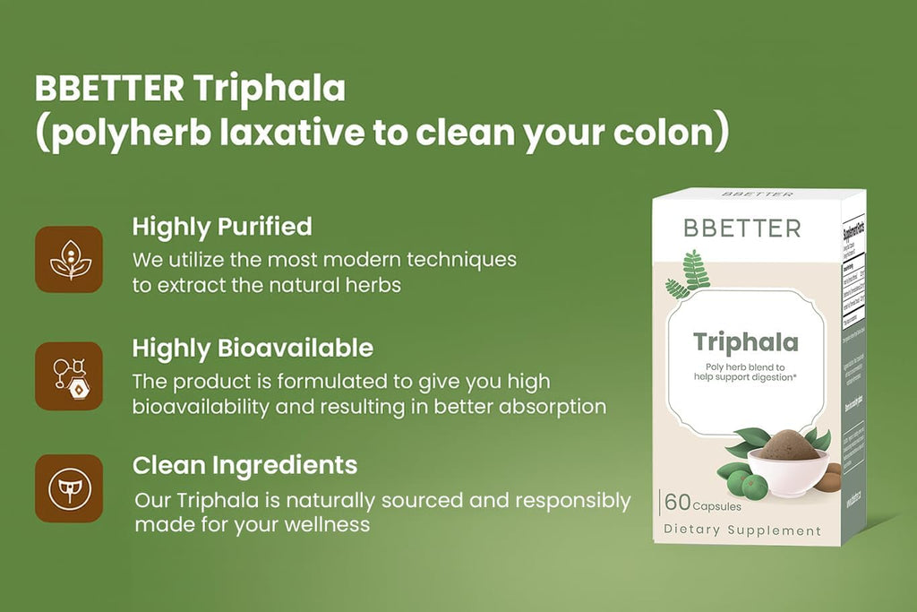 BBETTER Triphala – Ayurvedic Herbal Supplement with Amla, Haritaki & Bibhitaki for Occasional Constipation & Bloating – Supports Digestion, Healthy Bowel Function, Colon Cleanse & Detox - 120 Capsules
