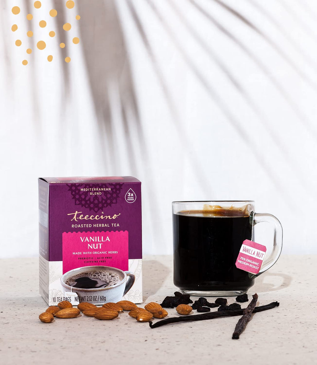 Teeccino Vanilla Nut Herbal Tea - Rich & Roasted Herbal Tea That’s Caffeine Free & Prebiotic for Natural Energy, 10 Tea Bags (Pack of 4)