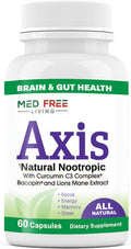 Axis Natural Brain Supplement with Curcumin C3 Complex, Bacopin, and Lion's Mane Extract - Brain & Gut Health Support, Focus, Energy, Stress Relief - 60 Capsules, All-Natural, Med Free Living (1)