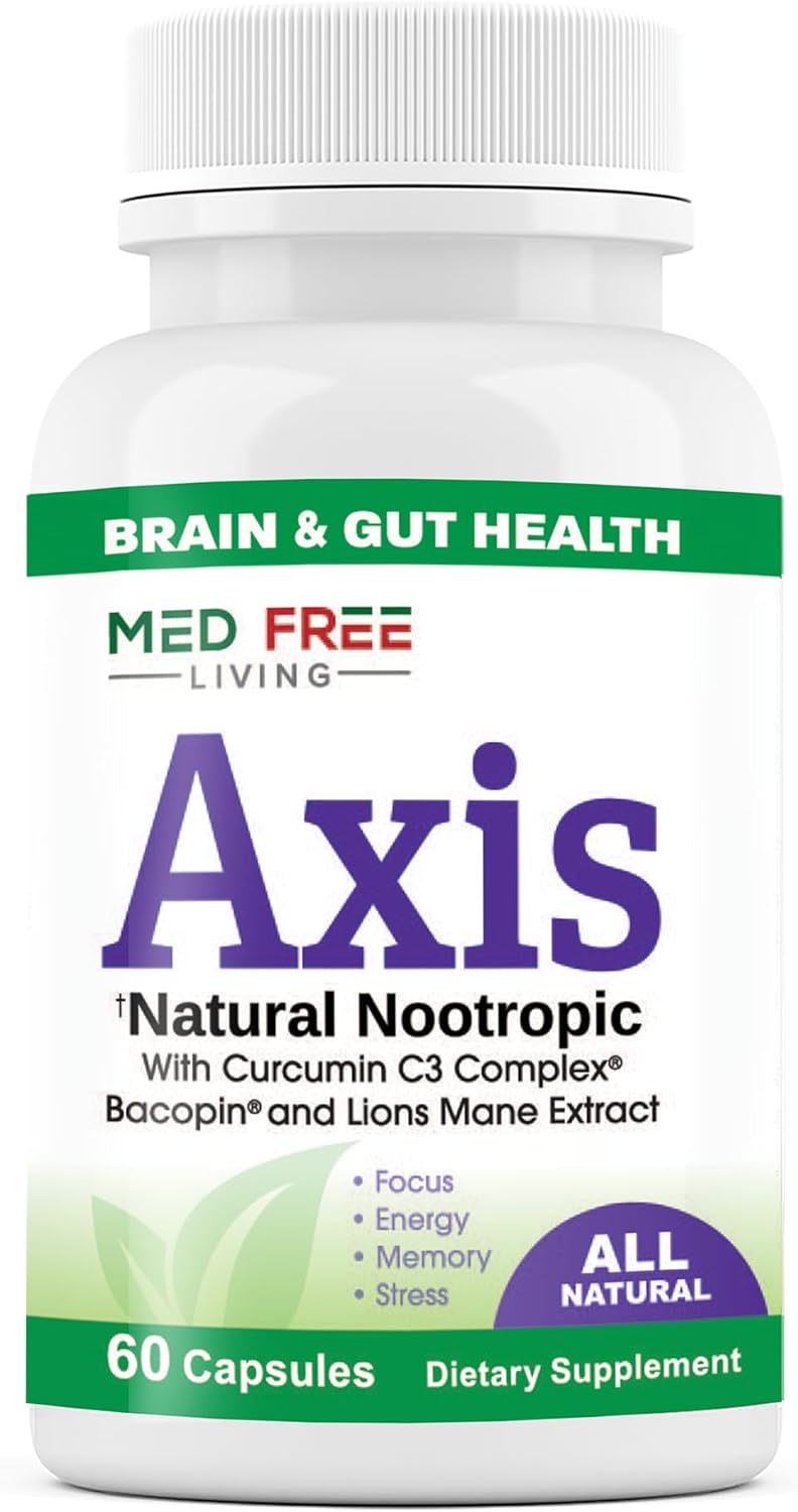 Axis Natural Brain Supplement with Curcumin C3 Complex, Bacopin, and Lion's Mane Extract - Brain & Gut Health Support, Focus, Energy, Stress Relief - 60 Capsules, All-Natural, Med Free Living (1)