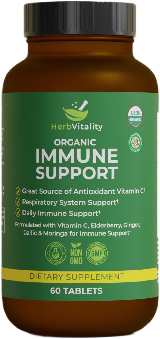 Organic Immune Support Supplement – Elderberry, Vitamin C, Astragalus, Ginger & Moringa – Daily Herbal Complex for Immune Health, Respiratory Defense & Antioxidant Protection - 60 Tablets