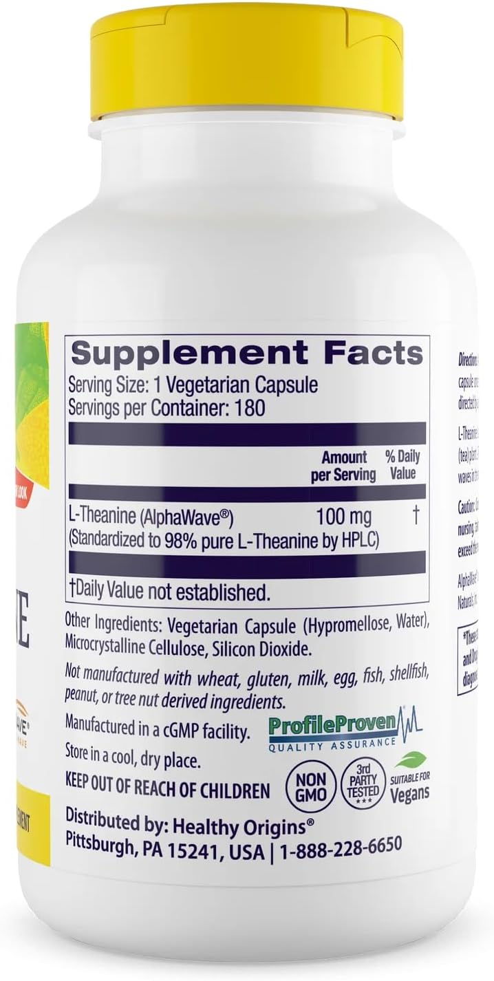 Healthy Origins L-Theanine 100 mg (AlphaWave, Supports Relaxation Without Drowsiness, Brain Support, Non-GMO, Gluten Free), 180 Veggie Caps