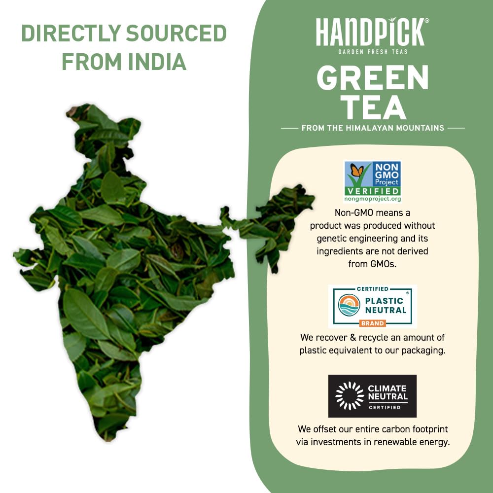 HANDPICK, Green Tea Loose Leaf (255g/9oz) 127 Cups | Non-GMO, 100% Pure Green Tea Leaves Sourced from Himalayas, India | Resealable Ziplock Pouch