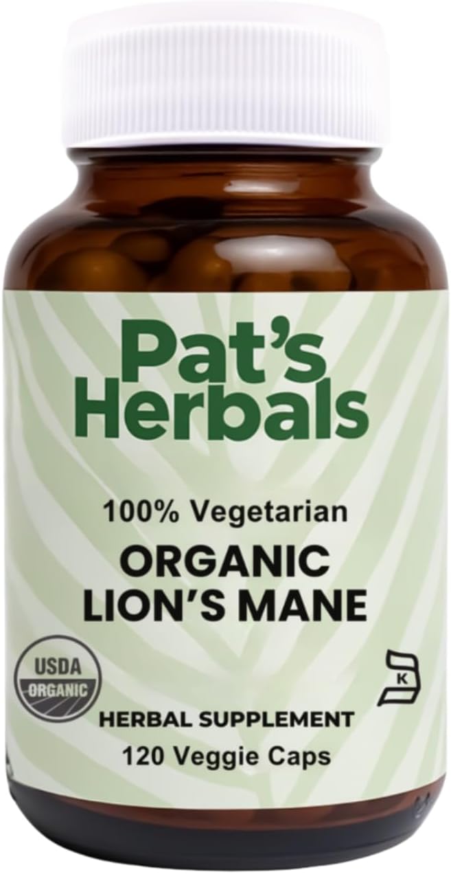 Pat's Herbals Organic Lion’s Mane Capsules | 120 Count | 1000 mg Pure Lion’s Mane | Vegan & Non-GMO
