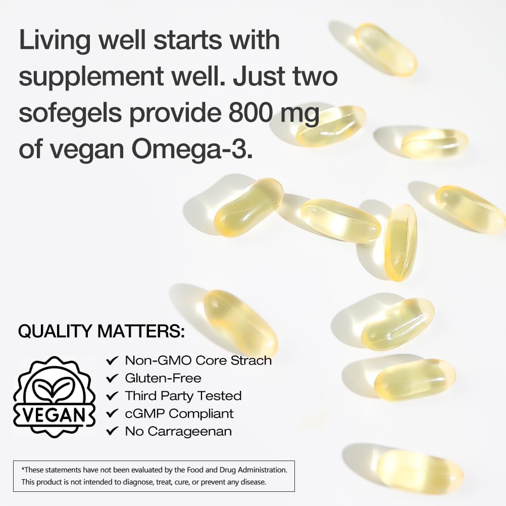 Vegan Omega-3 Algae DHA Supplements - 2000mg Algae Oil, Plant-Based Prenatal Algal DHA, 90 Carrageenan Free Softgels -Sustainable Fish Oil Alternative Supports Brain, Heart, Eyes, Joint Health