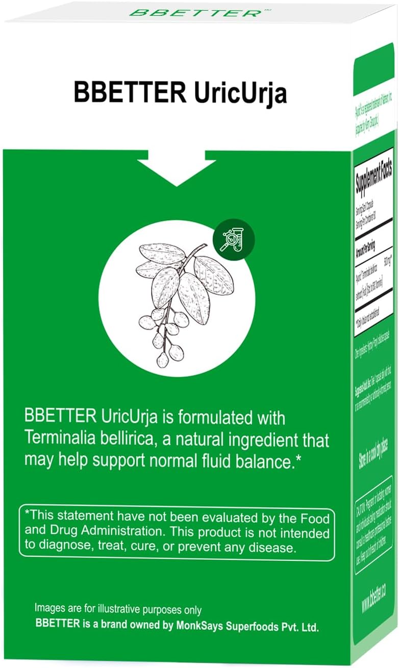 BBETTER UricUrja – Uric Acid Support Supplement with Ayuric® (Terminalia bellirica) – Lab-Tested Herbal Formula –Supports Kidney Health - 60 Capsules