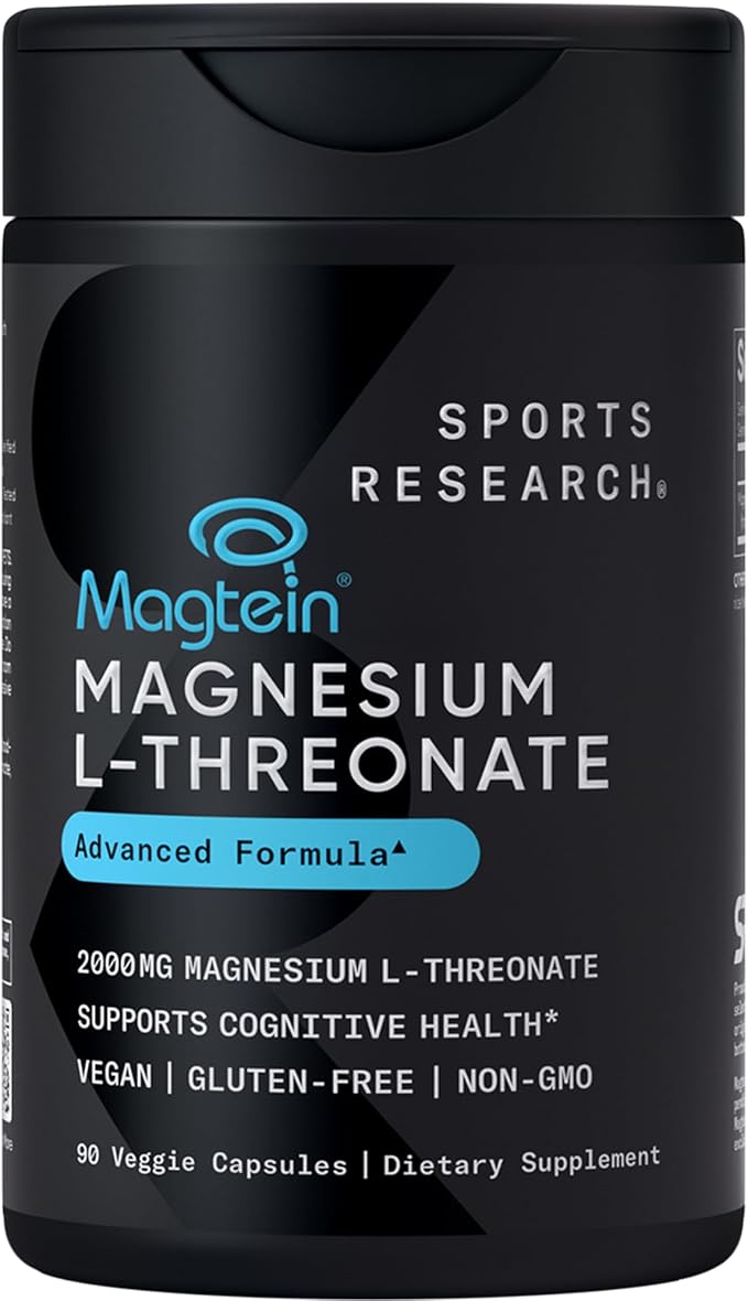 Sports Research® Magnesium L-Threonate Capsules 2000mg - High-Absorption Magtein® for Enhanced Brain Health, Memory, Focus & Restful Sleep Support - Vegan · Non-GMO · Gluten Free - 90 Count