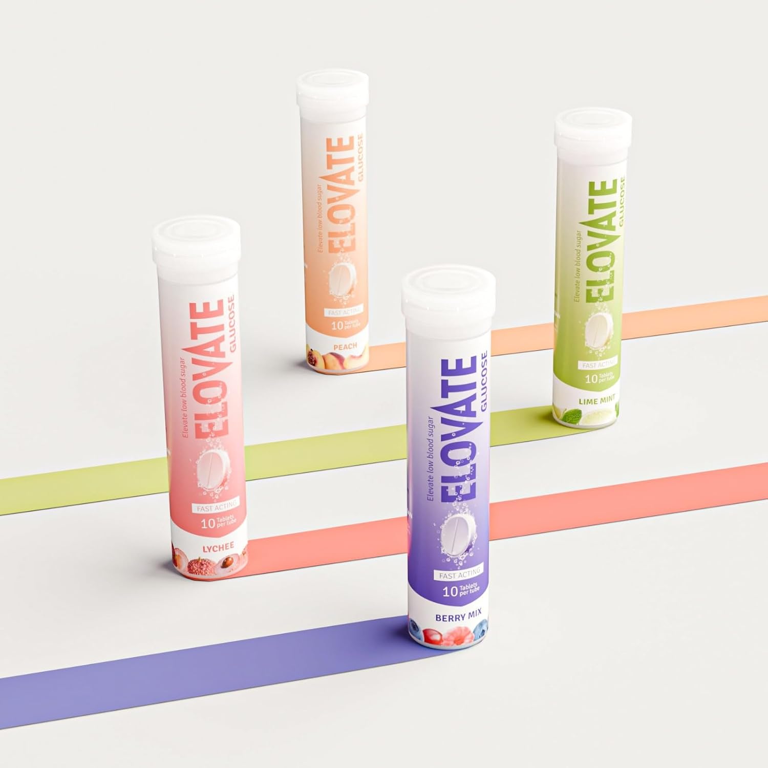 Effervescent Glucose Tablets - Fast Acting Hydration for Sports, Travel, & More - 10 Tablets Per Tube (Pack of 4, Flavors Berry Mix, Lime Mint, Lychee, Peach) (20, Flavor Mix)