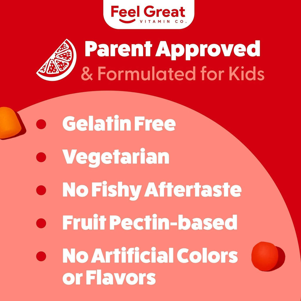 Feel Great Vitamins Kids DHA Gummies with Omega 3 6 9, Vitamin C | Supports Healthy Brain Function, Vision & Heart Health | Gluten Free, Vegetarian | 60 Gummies