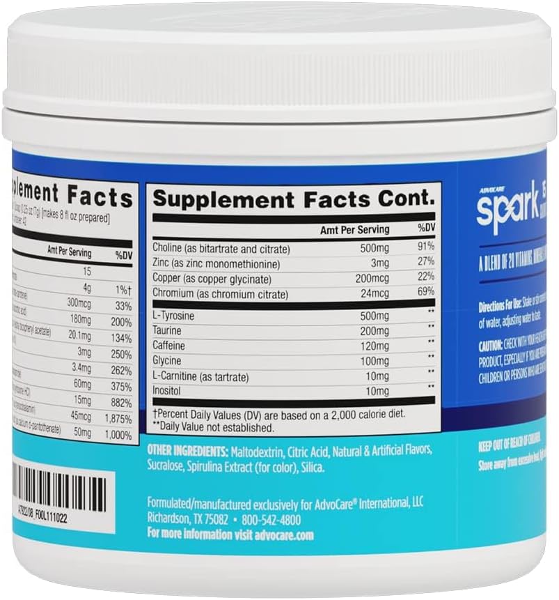 AdvoCare Spark Vitamin & Amino Acid Supplement - Focus & Energy Drink Powder Mix with Vitamin A, B-6, C & E - Also Includes L-Carnitine & L-Tyrosine - Blue Raspberry - 10.5 oz