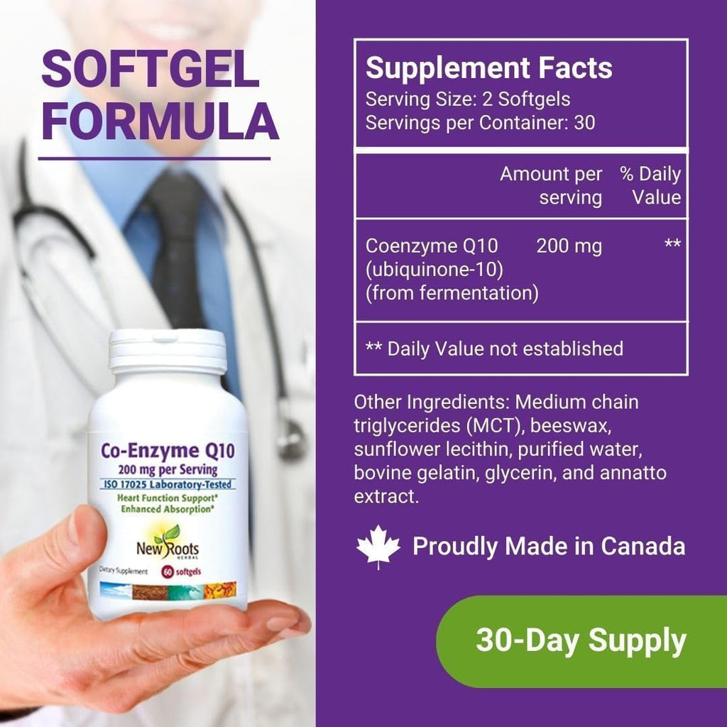 NEW ROOTS HERBAL CoQ10 Supplement Coenzyme Q10 (60 Softgels) 200 mg | Naturopathic Doctor Formulated for Heart Health & Energy Support | Made with Natural Fermentation