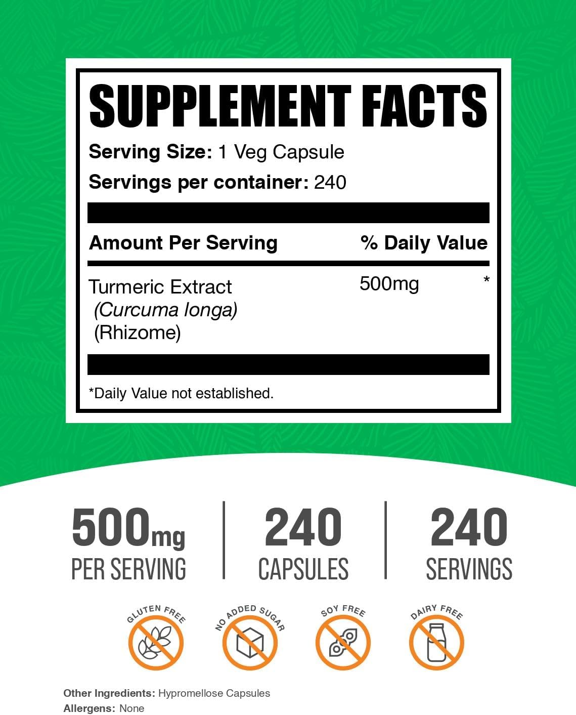 BulkSupplements.com Turmeric 500mg Extract Capsules - Curcumin Supplements, Turmeric Curcumin - Gluten Free, 240 Veg Capsules (Pack of 1)