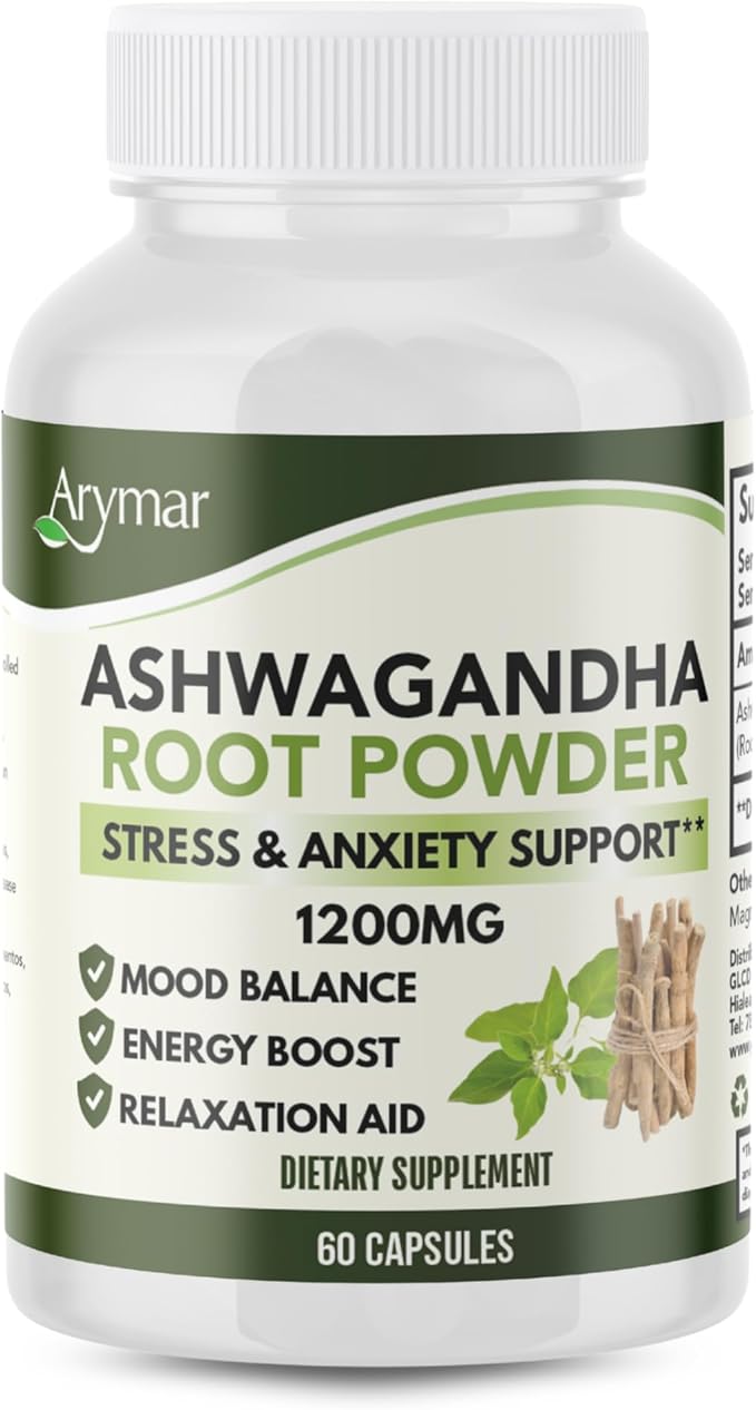 Arymar Ashwagandha Root Powder Capsules – 60 Capsules – Adaptogenic Herbal Supplement